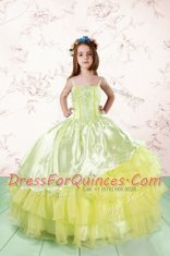 Pretty Light Yellow Sleeveless Floor Length Lace and Ruffled Layers Lace Up Kids Pageant Dress