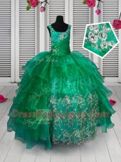 Ruffled Floor Length Ball Gowns Sleeveless Green Flower Girl Dresses Lace Up