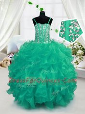 Sleeveless Organza Floor Length Lace Up Flower Girl Dresses for Less in Turquoise with Beading and Ruffles