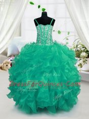 Sleeveless Organza Floor Length Lace Up Flower Girl Dresses for Less in Turquoise with Beading and Ruffles