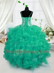 Sleeveless Organza Floor Length Lace Up Flower Girl Dresses for Less in Turquoise with Beading and Ruffles