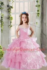 Elegant Lilac Ball Gowns Organza Square Sleeveless Lace and Ruffled Layers Floor Length Lace Up Girls Pageant Dresses