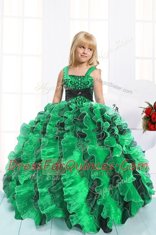Green Ball Gowns Organza Straps Sleeveless Beading and Ruffles Floor Length Lace Up Kids Formal Wear