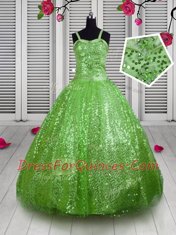 Sleeveless Sequined Floor Length Lace Up Little Girl Pageant Gowns in Apple Green with Beading and Sequins