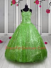 Sleeveless Sequined Floor Length Lace Up Little Girl Pageant Gowns in Apple Green with Beading and Sequins