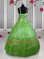 Sleeveless Sequined Floor Length Lace Up Little Girl Pageant Gowns in Apple Green with Beading and Sequins