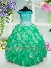 Off the Shoulder Floor Length Ball Gowns Sleeveless Green Little Girls Pageant Gowns Lace Up