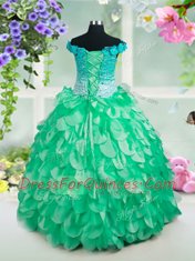 Off the Shoulder Floor Length Ball Gowns Sleeveless Green Little Girls Pageant Gowns Lace Up