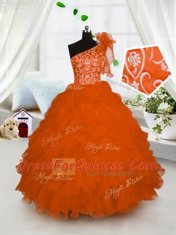 Custom Made Orange Lace Up One Shoulder Embroidery and Ruffles Little Girls Pageant Dress Organza Sleeveless