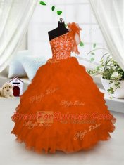 Custom Made Orange Lace Up One Shoulder Embroidery and Ruffles Little Girls Pageant Dress Organza Sleeveless