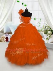 Custom Made Orange Lace Up One Shoulder Embroidery and Ruffles Little Girls Pageant Dress Organza Sleeveless