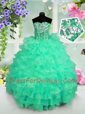 Free and Easy Sequins Ruffled Ball Gowns Flower Girl Dresses Turquoise Sweetheart Organza Sleeveless Floor Length Lace Up