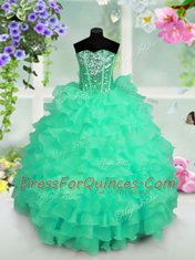 Free and Easy Sequins Ruffled Ball Gowns Flower Girl Dresses Turquoise Sweetheart Organza Sleeveless Floor Length Lace Up