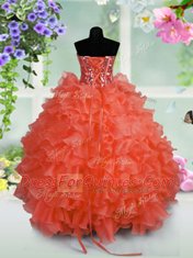 Sleeveless Organza Floor Length Lace Up Flower Girl Dress in Coral Red with Ruffled Layers and Sequins