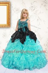High Quality Aqua Blue Straps Neckline Beading and Pick Ups Girls Pageant Dresses Sleeveless Lace Up