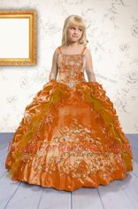 Free and Easy Orange Lace Up Spaghetti Straps Beading and Appliques and Pick Ups Flower Girl Dresses for Less Satin Sleeveless