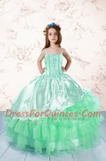 Unique Apple Green Sleeveless Floor Length Embroidery and Ruffled Layers Lace Up Pageant Gowns For Girls