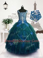 Teal Lace Up Straps Beading and Belt Little Girls Pageant Gowns Tulle Sleeveless