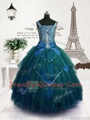 Teal Lace Up Straps Beading and Belt Little Girls Pageant Gowns Tulle Sleeveless