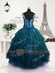 Teal Lace Up Straps Beading and Belt Little Girls Pageant Gowns Tulle Sleeveless