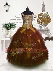 Tulle Straps Sleeveless Lace Up Beading and Belt Child Pageant Dress in Brown