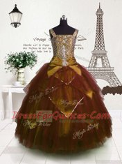 Tulle Straps Sleeveless Lace Up Beading and Belt Child Pageant Dress in Brown