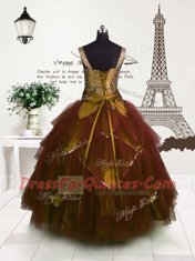 Tulle Straps Sleeveless Lace Up Beading and Belt Child Pageant Dress in Brown