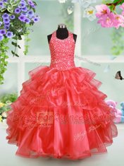 Adorable Ruffled Floor Length Watermelon Red Little Girl Pageant Dress Halter Top Sleeveless Lace Up