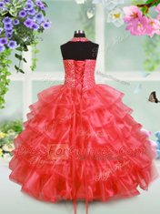 Adorable Ruffled Floor Length Watermelon Red Little Girl Pageant Dress Halter Top Sleeveless Lace Up