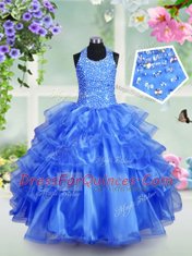 Fashion Halter Top Sleeveless Flower Girl Dresses for Less Floor Length Beading and Ruffled Layers Royal Blue Organza