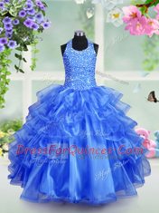 Fashion Halter Top Sleeveless Flower Girl Dresses for Less Floor Length Beading and Ruffled Layers Royal Blue Organza