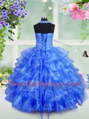 Fashion Halter Top Sleeveless Flower Girl Dresses for Less Floor Length Beading and Ruffled Layers Royal Blue Organza