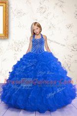 Customized Halter Top Royal Blue Sleeveless Floor Length Beading and Ruffles Lace Up Kids Pageant Dress