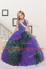 Halter Top Sleeveless Kids Pageant Dress Floor Length Beading and Ruffles Eggplant Purple Fabric With Rolling Flowers