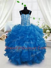Blue Lace Up Little Girl Pageant Dress Beading and Ruffles Sleeveless Floor Length