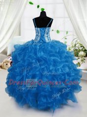 Blue Lace Up Little Girl Pageant Dress Beading and Ruffles Sleeveless Floor Length