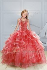 Halter Top Sleeveless Little Girl Pageant Gowns Floor Length Beading and Ruffles Red Organza
