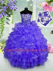 Eye-catching Organza Sweetheart Sleeveless Lace Up Ruffled Layers and Sequins Kids Pageant Dress in Blue
