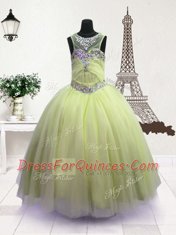 Apple Green Organza Zipper Scoop Sleeveless Floor Length Girls Pageant Dresses Beading