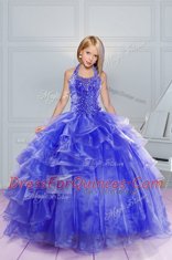 Trendy Halter Top Sleeveless Organza Floor Length Lace Up Little Girls Pageant Dress in Blue with Beading and Ruffles