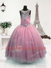 Lovely Scoop Floor Length Zipper Flower Girl Dress Pink for Party and Wedding Party with Beading