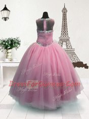 Lovely Scoop Floor Length Zipper Flower Girl Dress Pink for Party and Wedding Party with Beading
