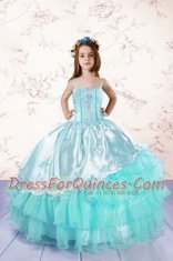 Stunning Turquoise Spaghetti Straps Lace Up Embroidery and Ruffled Layers Little Girl Pageant Dress Sleeveless