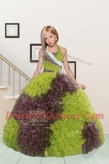 Ball Gowns Halter Top Sleeveless Fabric With Rolling Flowers Floor Length Lace Up Beading and Ruffles Little Girl Pageant Gowns