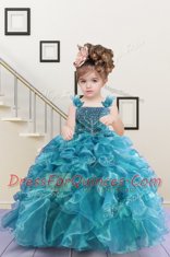 Suitable Floor Length Lace Up Flower Girl Dress Turquoise for Party and Wedding Party with Beading and Ruffles