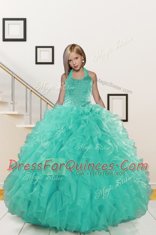 Great Halter Top Beading and Ruffles Girls Pageant Dresses Turquoise Lace Up Sleeveless Floor Length