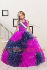 Vintage Halter Top Sleeveless Fabric With Rolling Flowers Little Girls Pageant Gowns Beading and Ruffles Lace Up