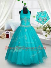 Halter Top Sleeveless Lace Up Floor Length Appliques Toddler Flower Girl Dress