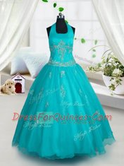 Halter Top Sleeveless Lace Up Floor Length Appliques Toddler Flower Girl Dress