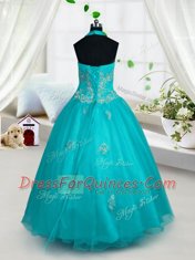 Halter Top Sleeveless Lace Up Floor Length Appliques Toddler Flower Girl Dress